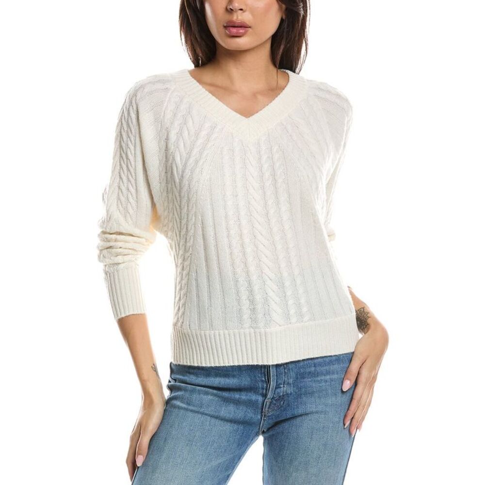 Forte Cashmere Womens  Diagonal Cable V-Neck 100% Cashmere Sweater, White